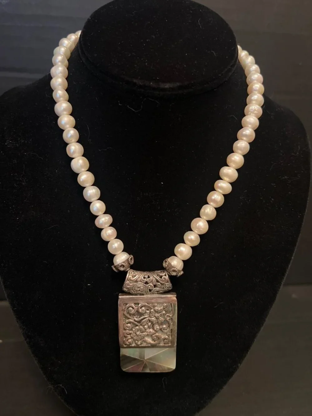 Handcrafted Pearl Necklace With Intricate abalone and Silver Pendant  Art Deco